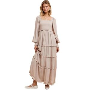 In Bloom Smocked Long Sleeve Ruffle Tiered Maxi Dress
